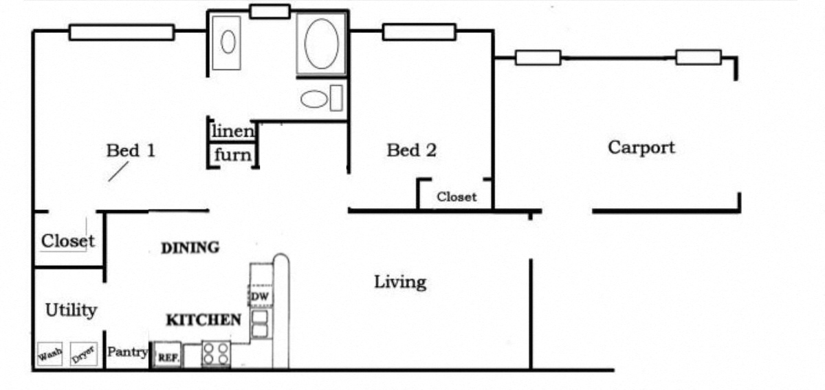 Floor plan for 2 beds, 1 bath, 910 sqft
